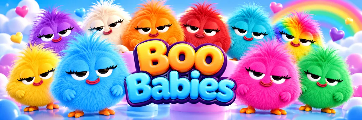 Boo Babies — a row of fluffy GorgezBoo plush characters in purple, yellow, blue, orange, red, cyan, pink, green and rainbow fur around a bubble-lettered Boo Babies logo